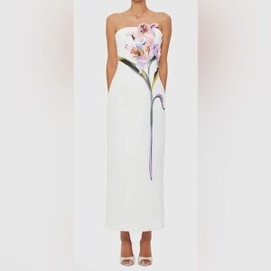 Strapless White Embroidered Floral Dress